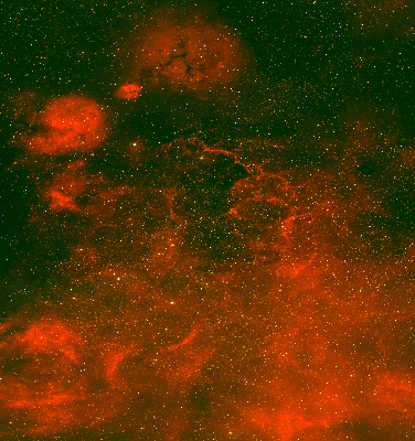 6 field pseudo colour mosaic of H-alpha survey fields 
329, 330, 390, 391, 457 & 458 centred on the Vela SNR - note image
oriented E-W in this case.